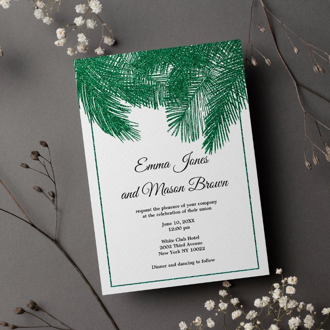 Luxury grönt glitter träd, tropiska Bröllop Inbjudningar (Luxury green glitter palm tree tropical Wedding )