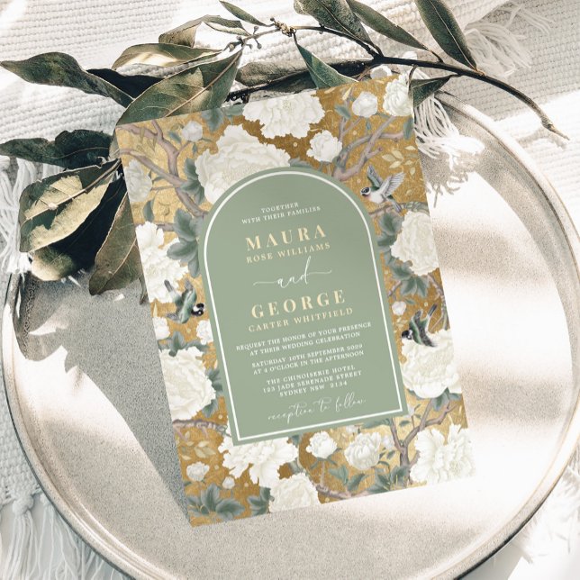 Luxury Grönt Guld Chinoiserie Blommigt Birds Bröll Inbjudningar (Skapare uppladdad)