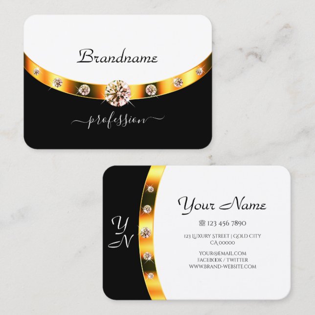 Luxury Guld Black and White Initialer Rhinestones Visitkort (Fram/baksida)