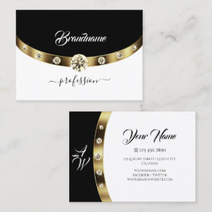 Luxury Guld Black and White Monogram Faux Diamonds Visitkort