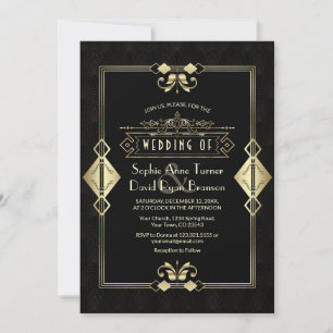 Luxury Guld Black Art Deco Fleur-de-Lis Bröllop Inbjudningar