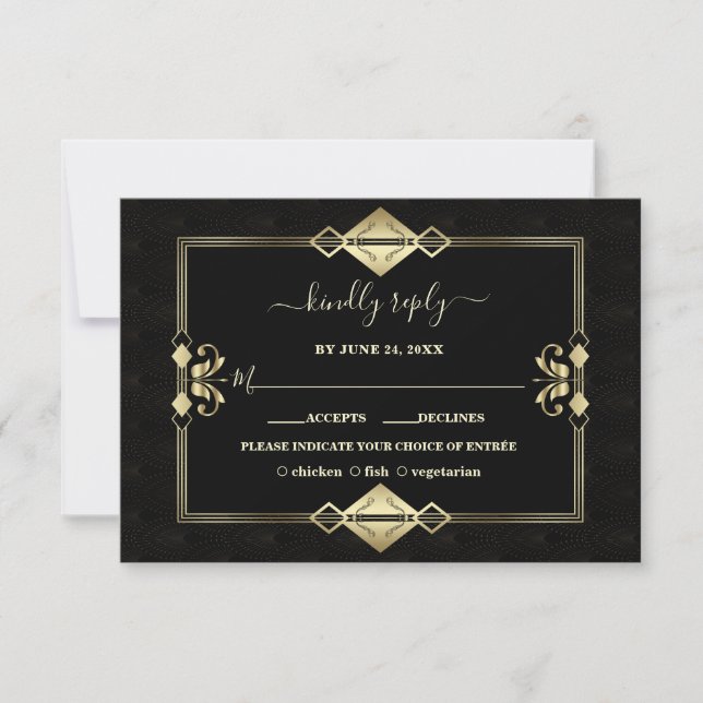 Luxury Guld Black Art Deco Fleur-de-Lis Bröllop OSA Kort (Framsida)