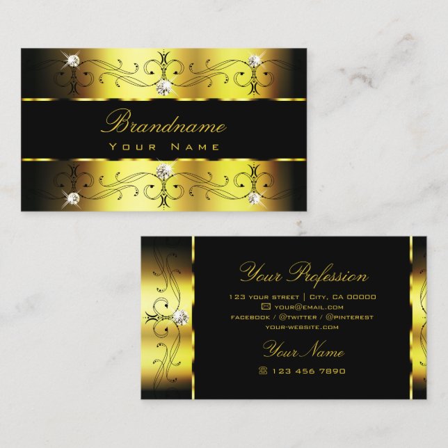 Luxury Guld Black Ornate Gräns Jewels Ornamental Visitkort (Fram/baksida)