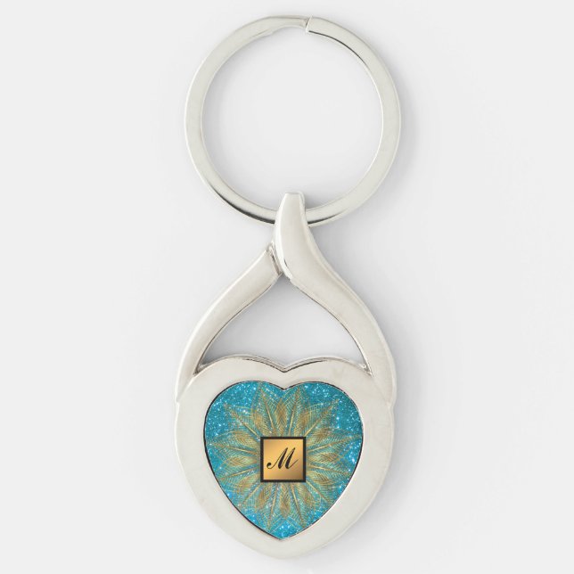 Luxury Guld Blue Glitter Monogrammed Gift Twisted Heart Silverfärgad Nyckelring (Framsidan)