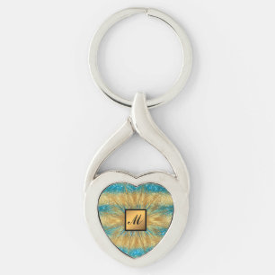 Luxury Guld Blue Glitter Monogrammed Gift Twisted Heart Silverfärgad Nyckelring