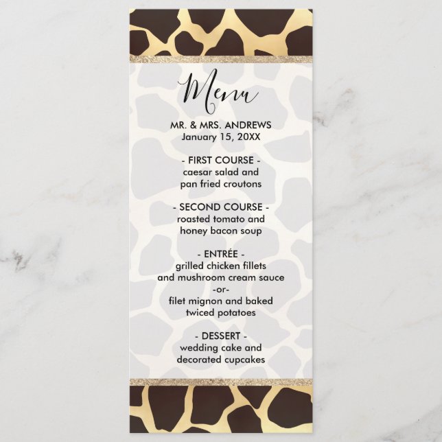 Luxury Guld Brown Giraffe Animal Print Mönster Meny (Framsida)
