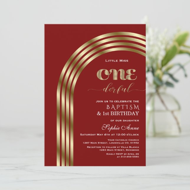Luxury Guld Burgundy Girl First Birthday & Baptism Inbjudningar (Stående Fram)