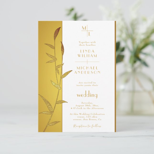 Luxury Guld Calligraphy & Golden Löv bröllop Inbjudningar (Stående Fram)