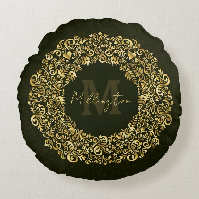 Luxury Guld Damask Monogram Rund Kudde (Framsidan)