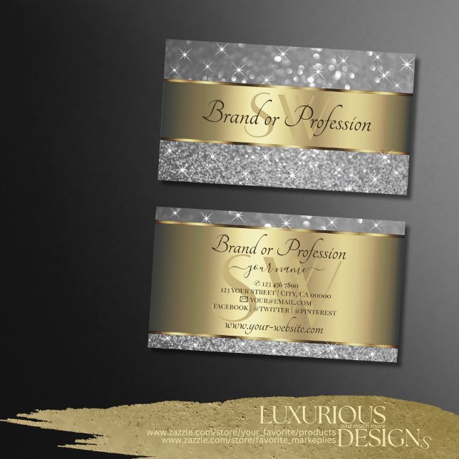 Luxury Guld Decor Gnistra Silver Glitter Initialer Visitkort (Skapare uppladdad)