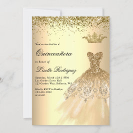 Luxury Guld Dress Krona Quinceanera Inbjudningar