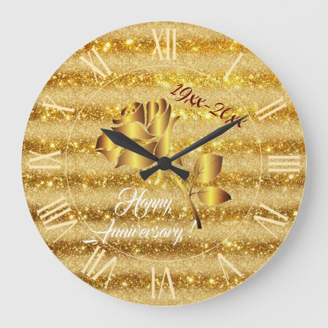 Luxury Guld Glitter Blommigt Gift Stor Klocka (Framsida)