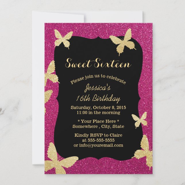 Luxury Guld Glitter Butterflies Sweet 16 Inbjudningar (Framsida)