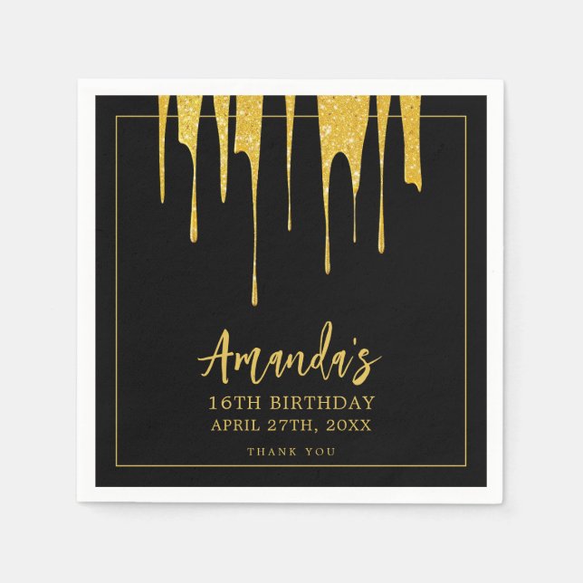 Luxury Guld Glitter Drips Sweet 16 Birthday Pappersservett (Framsidan)