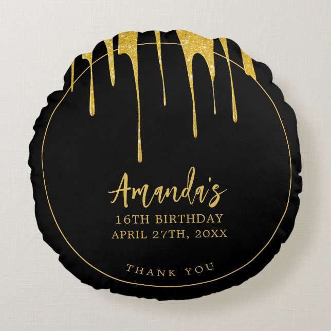 Luxury Guld Glitter Drips Sweet 16 Birthday Rund Kudde (Framsidan)