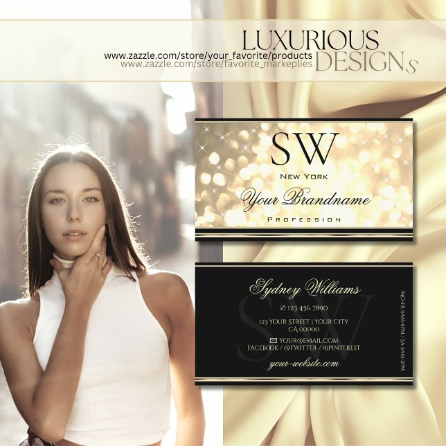 Luxury Guld Glitter Monogram Black Golden Gräns Visitkort (Skapare uppladdad)