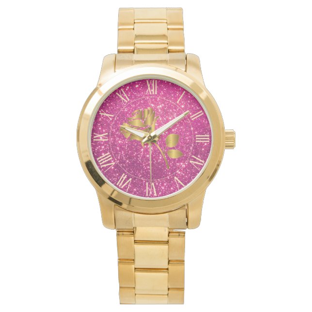 Luxury Guld Glitter Rosa Blommigt Gift Watch Armbandsur (Framsida)