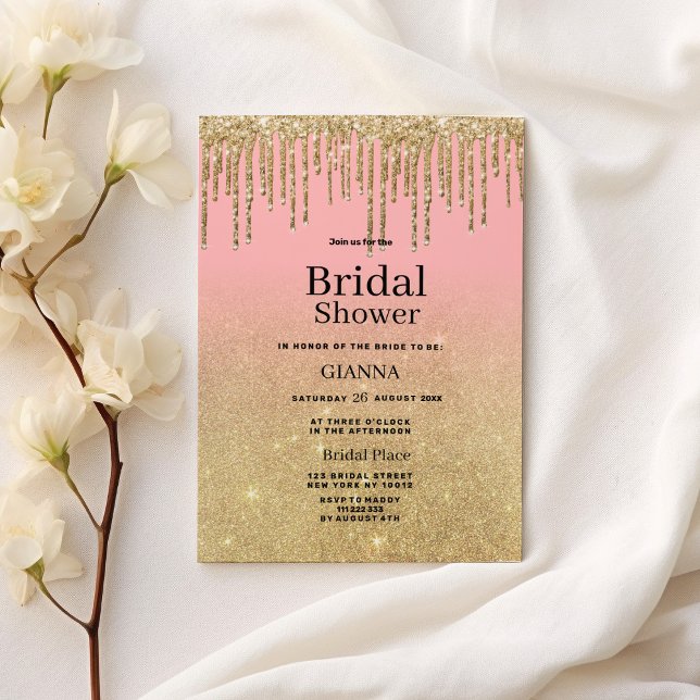 Luxury guld glitter rosa Mbre dricks Möhippa Inbjudningar (Luxury gold glitter pink ombre drips Bridal Shower)