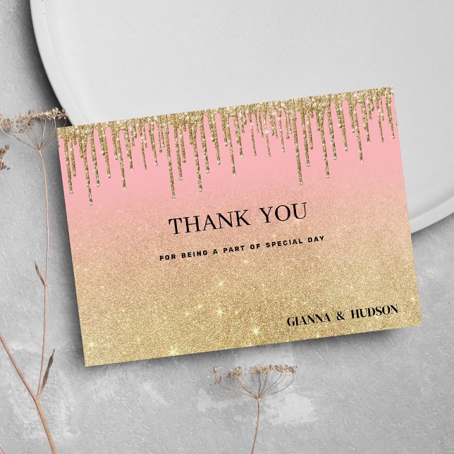 Luxury guld glitter rosa Mbre-droppar Tack Inbjudningar (Luxury gold glitter pink ombre drips Thank You)