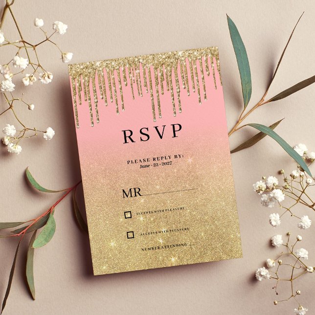 Luxury guld glitter rosa ombre dumpar OSA Inbjudningar (Luxury gold glitter pink ombre drips RSVP )
