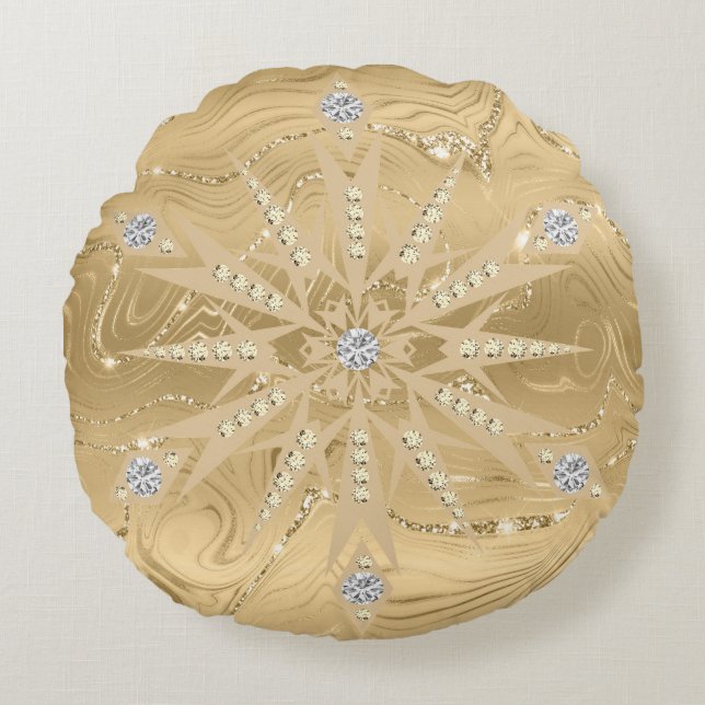 Luxury Guld Glitter Snowflake Diamond Rund Kudde (Framsidan)