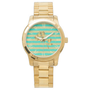 Luxury Guld Glitter Turquise Blommigt Gift Watch Armbandsur