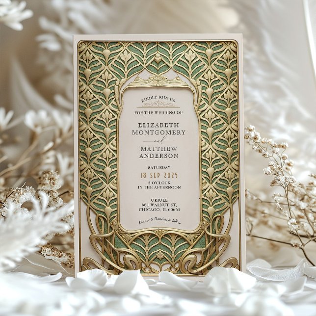 Luxury Guld & Grönt Art nouveau Bröllop Inbjudningar (Skapare uppladdad)