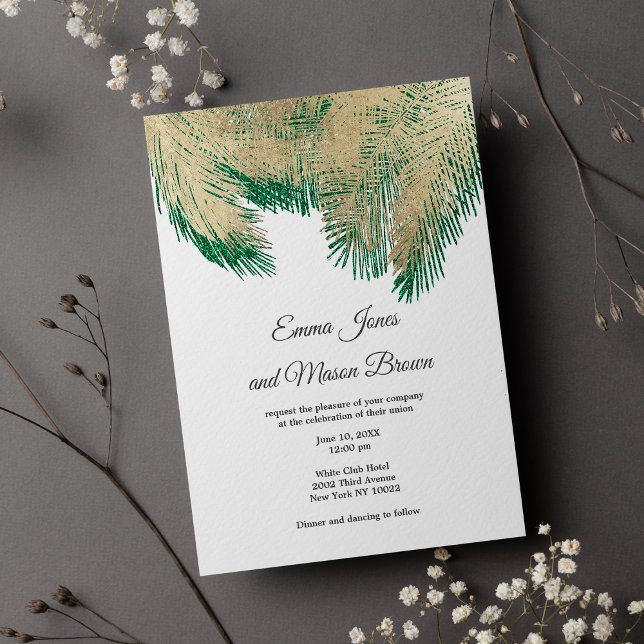 Luxury guld grönt handflatan träd tropiska Bröllop Inbjudningar (Luxury gold green palm tree tropical Wedding )