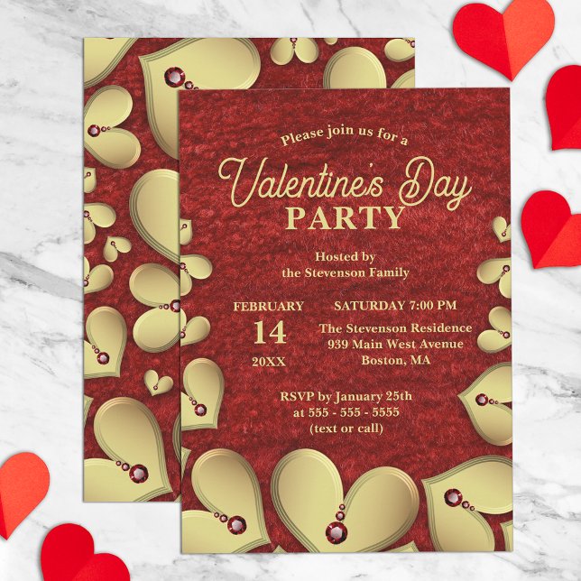 Luxury Guld Hearts med Red Gems Valentine Party Inbjudningar (Skapare uppladdad)