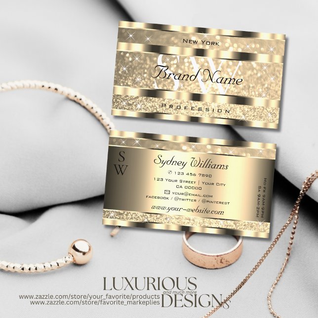 Luxury Guld Luminous Glitter Stars Monogram Golden Visitkort (Skapare uppladdad)