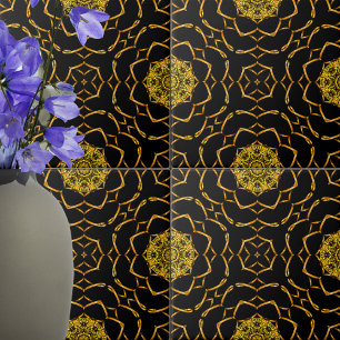 Luxury Guld Metallic Ornamic på Black Mönster Kakelplatta