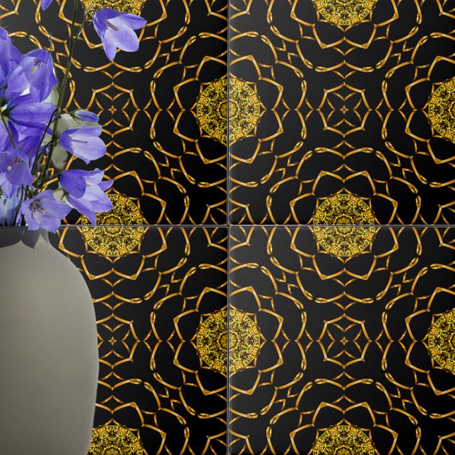 Luxury Guld Metallic Ornamic på Black Mönster Kakelplatta (Skapare uppladdad)