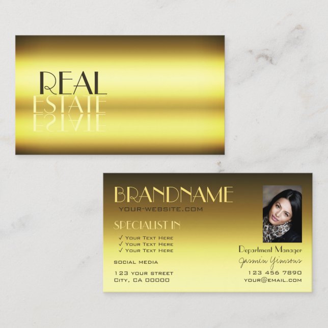 Luxury Guld Modern Chic Spegel Brev med foto Visitkort (Fram/baksida)