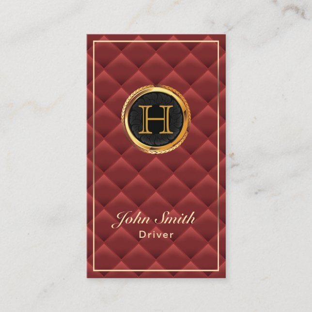 Luxury Guld Monogram Red Quilted Modern Driver Visitkort (Framsida)