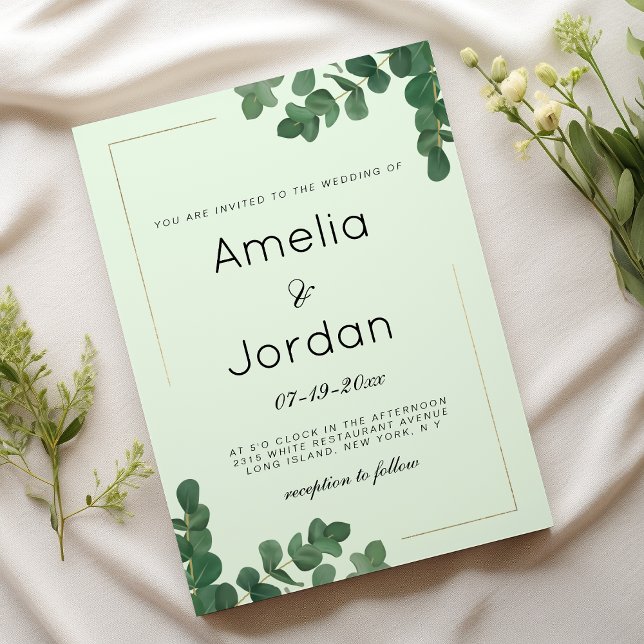 Luxury guld mynt grönt eucalyptus löv bröllop inbjudningar (Luxury gold mint green eucalyptus leaves wedding)