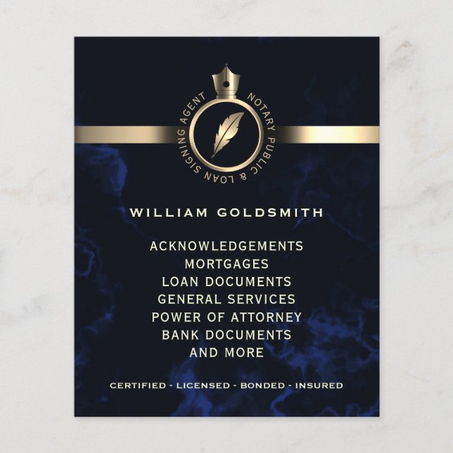 Luxury guld och Blue marble notary Flygblad (Framsidan)