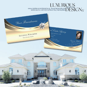 Luxury Guld och Blue med Photo Sparkling Diamond Visitkort