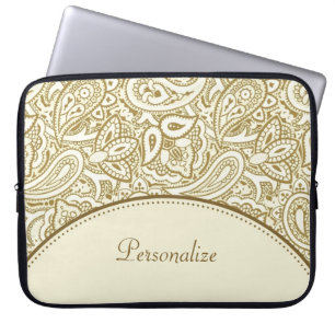 Luxury Guld och Ivory Paisley Damask med Namn Laptop Sleeve