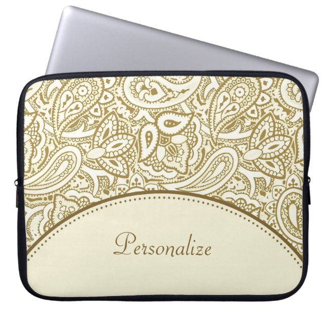 Luxury Guld och Ivory Paisley Damask med Namn Laptop Sleeve (Framsidan)