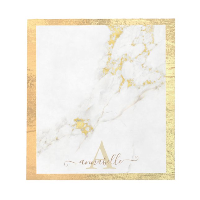 Luxury Guld och White Marble Foil Namn Monogram Anteckningsblock (Framsida)