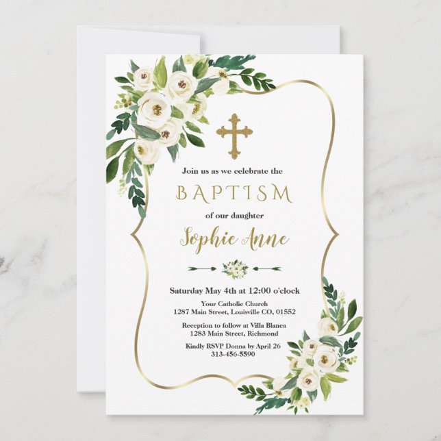 Luxury Guld Ram White Flowers Girl Baptism Inbjudningar (Framsida)