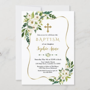 Luxury Guld Ram White Flowers Girl Baptism Inbjudningar