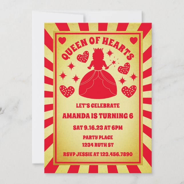 Luxury Guld Red Queen of Hearts Birthday Inbjudningar (Framsida)