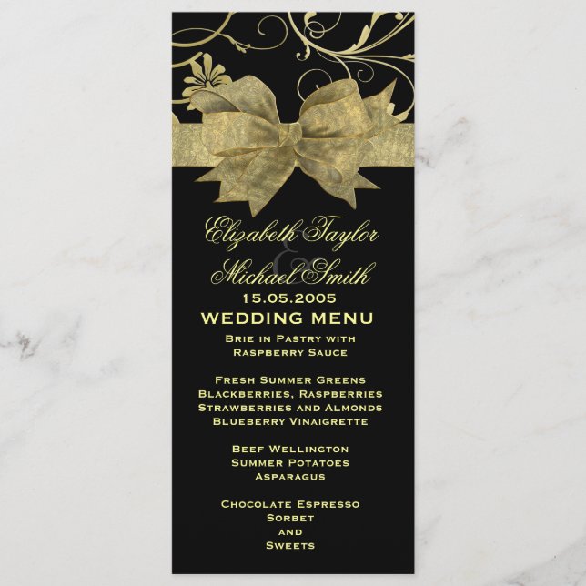 Luxury Guld Ribbon Damask Black Bröllop Menu Meny (Framsida)