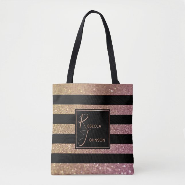 Luxury Guld Rosa Glitter Rand Monogram Namn Tygkasse (Framsida)
