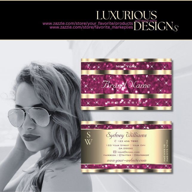 Luxury Guld Rosa Gnistra Glitter Stars Monogram Visitkort (Skapare uppladdad)
