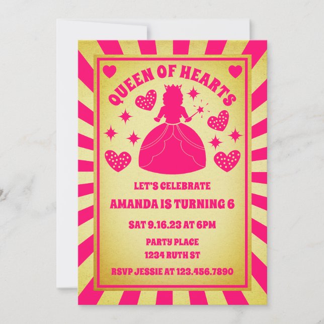 Luxury Guld Rosa Queen of Hearts Birthday Inbjudningar (Framsida)