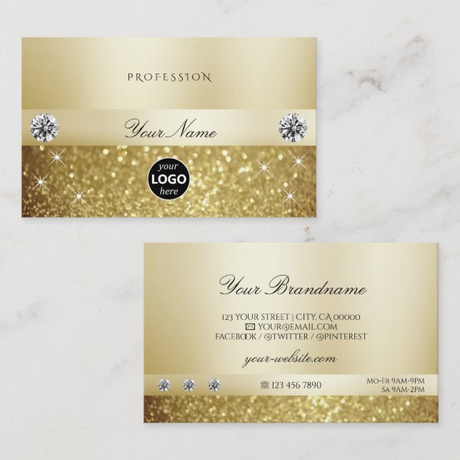 Luxury Guld Sparkling Glitter med Logotyp Modern Visitkort (Fram/baksida)