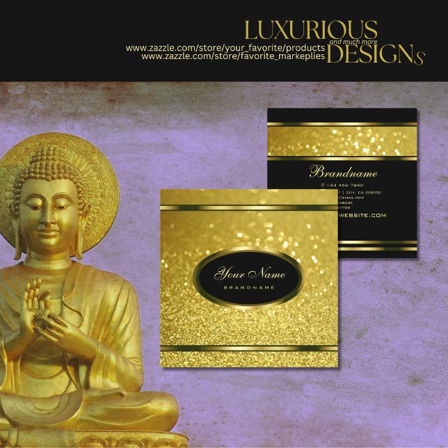 Luxury Guld Sparkling Glitter på Black Striking Fyrkantigt Visitkort (Skapare uppladdad)