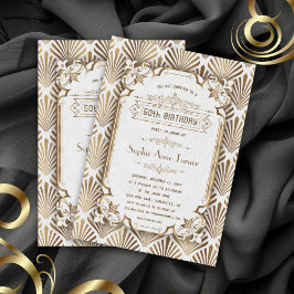 Luxury Guld White Art Deco Gatsby 50:e födelsedage Inbjudningar